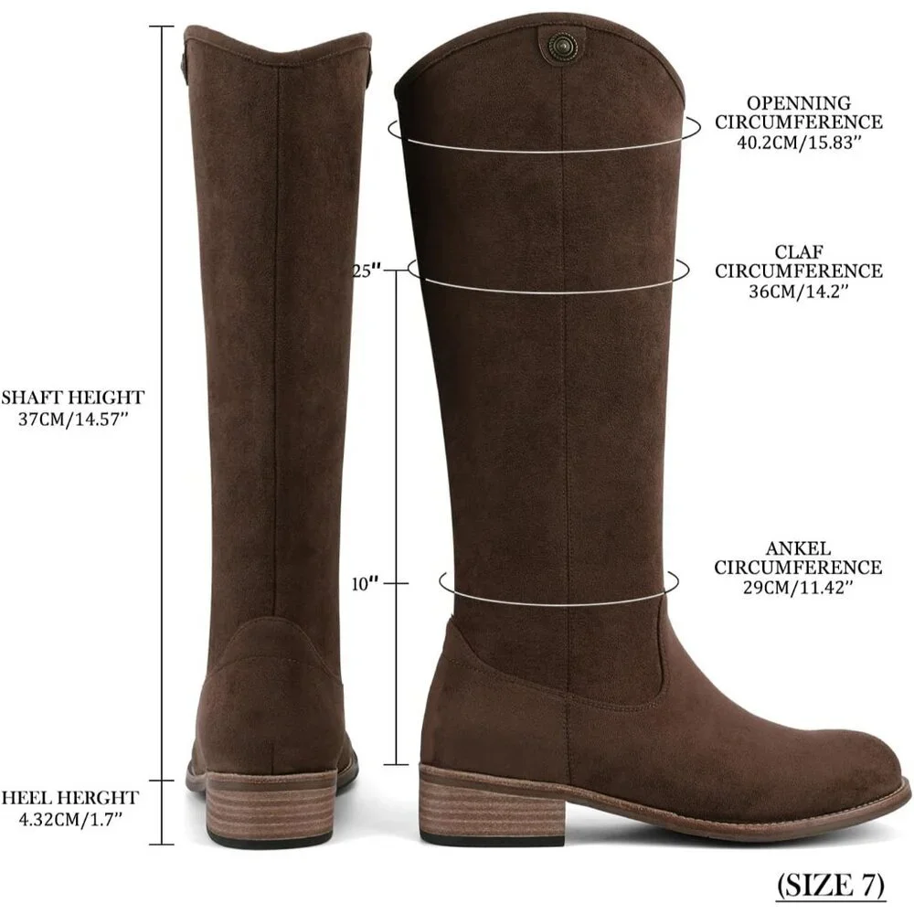 Women's Dark Brown Round Toe Chunky Heel Faux Suede Tall Knee High Boots Rubber